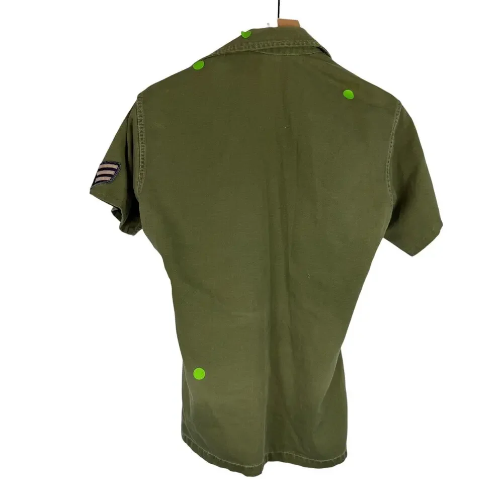 Vintage US Air Force Uniform Shirt Khaki Green Est Size Mens Small Patches READ
